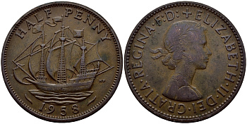 Великобритания 1/2 пенни 1958 Елизавета II (1952-2022) KM 896, Spink 4158 бронза 51-2047