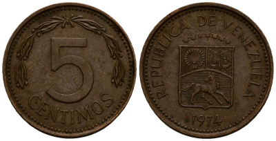 Венесуэла 5 сентимо 1974 KM 49 сталь плакированная медью 4164-1016