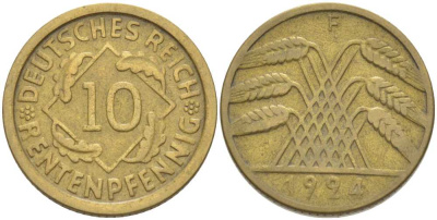 ГЕРМАНИЯ 10 РЕНTЕНПФЕННИГОВ 1924 F KM 33, J. 309, Weege 8 алюминиевая бронза 210-326