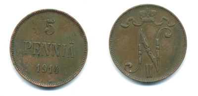 Россия для Финляндии 5 пенни 1914 Николай II (1894-1917) KM 15, Биткин 454 медь 4381-435