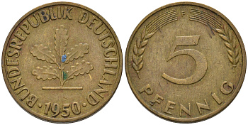 ФРГ 5 ПФЕННИГОВ 1950 F KM 107, J.382 сталь плакированная латунью 75-459
