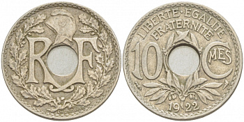 ФРАНЦИЯ 10 САНТИМОВ 1922 ТИП ЛИНДАЙЁ KM 866а медно-никель 4402-743
