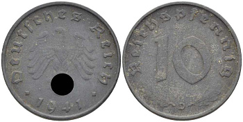 ГЕРМАНИЯ 10 РЕЙХСПФЕННИГОВ 1941 D KM 101, J. 371 цинк 4401-741