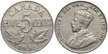 КАНАДА 5 ЦЕНТОВ 1935 ГЕОРГ V (1910-137) KM 29 никель 27-513