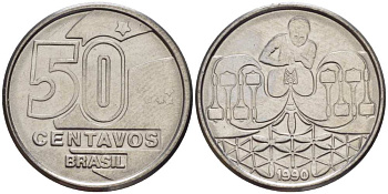 БРАЗИЛИЯ 50 СЕНТАВО 1990 РЕФОРМА 1989-1990 KM 614 нержавеющая сталь 116-1267