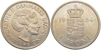 ДАНИЯ 1 КРОНА 1984 R;B, МАРГАРЕТЕ II (1972-) KM 862.3 медно-никель 113-921