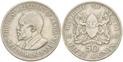 Кения 50 центов 1969 Джомо Кениата KM 13 медно-никель 213-753