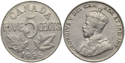 КАНАДА 5 ЦЕНТОВ 1935 ГЕОРГ V (1910-137) KM 29 никель 27-513