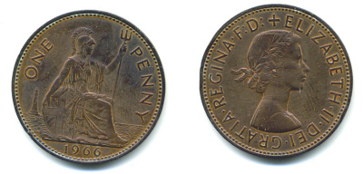 Великобритания 1 пенни 1966 Елизавета II (1952-2022) KM 897, Spink 4157 бронза 25-533