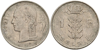 Бельгия 1 франк 1951 Belgie KM 143 медно-никель 4152-426