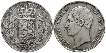 Бельгия 5 франков 1850 Леопольд I (1831-1865), точка над датой KM 17 серебро 74-1133