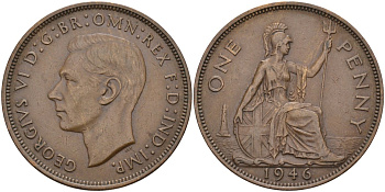 Великобритания 1 пенни 1946 Георг VI (1936-1952) KM 845, Spink 4114 бронза 4117-1234