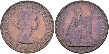 Великобритания 1 пенни 1965 Елизавета II (1952-2022) КМ 897, Spink 4157 бронза 4590-1241