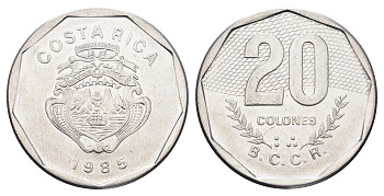 Коста-Рика 20 колонов 1985 год-тип KM 216.2 нержавеющая сталь 4661-1132
