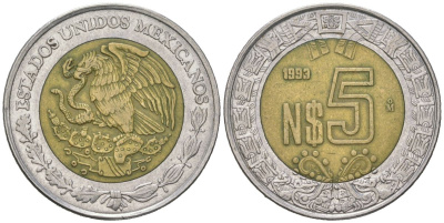 Мексика 5 новых песо 1993 Mo KM 552 биметалл 186-646