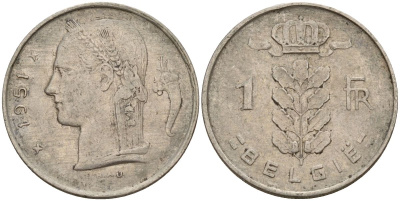 Бельгия 1 франк 1951 Belgie KM 143 медно-никель 4152-426