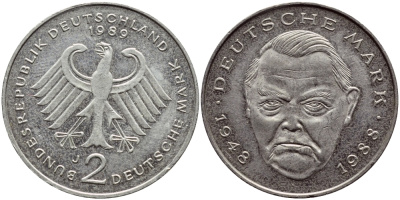 ФРГ 2 МАРКИ 1989 J, ЭРХАРД ЛЮДВИГ КМ 170 J.445 медно-никель плакированный никелем 80-1131