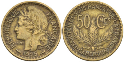 Французский Камерун 50 сантимов 1925 (а), монетный двор Париж KM 1 алюминиевая бронза 4164-1228