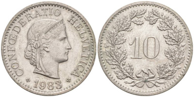 ШВЕЙЦАРИЯ 10 РАППЕНОВ 1983 KM 27 медно-никель 55-521