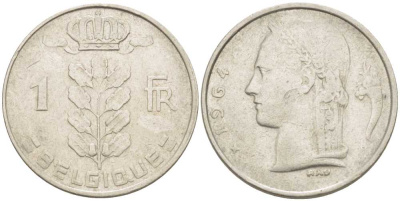 БЕЛЬГИЯ 1 ФРАНК 1964 BELGIQUE, БОДУЭН I (1951-1993) KM 142.1 медно-никель 213-516