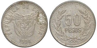 Колумбия 50 песо 1994 KM 283 медь цинк никель 4606-446