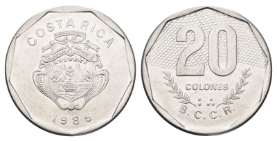 Коста-Рика 20 колонов 1985 год-тип KM 216.2 нержавеющая сталь 4661-1132