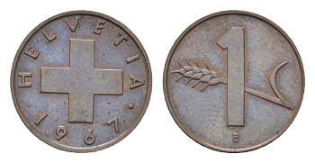 Швейцария 1 раппен 1967 B KM 46 бронза 4708-251