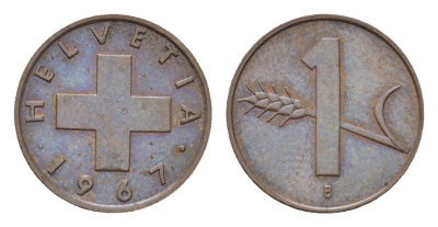 Швейцария 1 раппен 1967 B KM 46 бронза 4708-251
