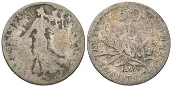 Франция 50 сантимов 1899 KM 854 серебро 4611-1127