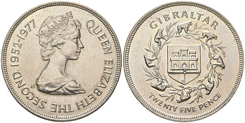 Гибралтар 25 пенсов 1977 25 лет правлению Королевы Елизаветы II KM 10 медно-никель UNC 00-1067-5-23