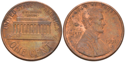 США 1 ЦЕНТ 1991 D, ЛИНКОЛЬН KM 201b цинк плакированный медью 188-241