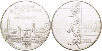 Финляндия 10 марок 1971 S-H, X Чемпионат Европы по легкой атлетике KM 52 серебро UNC 1515-1341