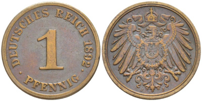 ГЕРМАНИЯ 1 ПФЕННИГ 1892 J KM 10, Jager. 10, Weege 2 медь 4528-1123