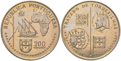 Португалия 200 эскудо 1994 500 лет с момента заключения Тордесильясского договора KM 671 медно-никель UNC 74-632
