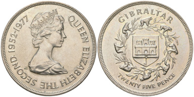 Гибралтар 25 пенсов 1977 25 лет правлению Королевы Елизаветы II KM 10 медно-никель UNC 00-1067-5-23