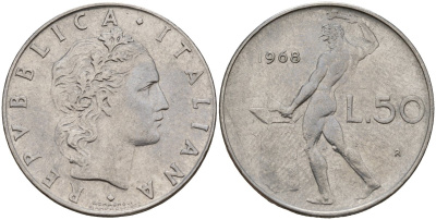 Италия 50 лир 1968 R, бог Вулкан у наковальни KM 95.1 нержавеющая сталь 4156-731
