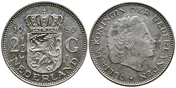 Нидерланды 2 1/2 гульдена 1980 Юлиана (1948-1980) KM 191 никель 4542-532