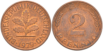 ФРГ 2 пфеннига 1979 D KM 106а, J. 381а сталь плакированная медью 55-1226