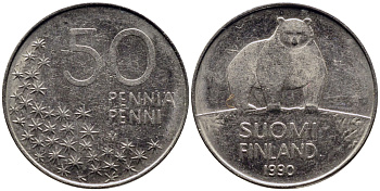Финляндия 50 пенни 1990 M, полярный медведь KM 66 медно-никель 72-1155