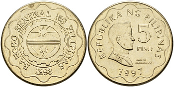 Филиппины 5 писо 1997 KM 272 никель латунь 4556-1242