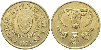 КИПР 5 ЦЕНТОВ 1992 БЫЧЬЯ ГОЛОВА KM 55.3 никель латунь 117-324