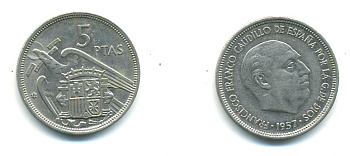 ИСПАНИЯ 5 ПЕСЕТ 1957 (73) ФРАНСИСКО ФРАНКО ДИКТАТОР ИСПАНИИ (1939-1975) KM 786 медно-никель 80-1127
