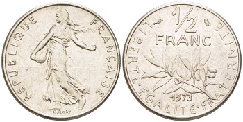 ФРАНЦИЯ 1/2 ФРАНКА 1973 СЕЯТЕЛЬ KM 931.1, LE FRANC 198.12 никель 217-237