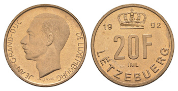 Люксембург 20 франков 1992 Великий герцог Жан (1964-2000), тираж 10.000 экземпляров KM 67 алюминиевая бронза BU 4178-725