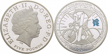 Великобритания 5 фунтов 2011 Елизавета II (1952-2022), XXX Летние Олимпийские игры 2012 в Лондоне 2012 - Обратный отсчет 1 год до начала, велосипедный спорт, KM 1202, Spink LO35 серебро PROOF 1077-7-43