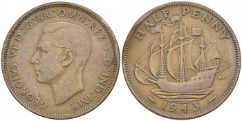 Великобритания 1/2 пенни 1943 Георг VI (1936-1952) KM 844, Spink 4115 бронза 212-1217