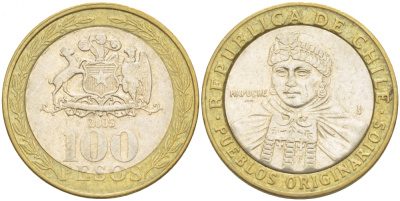 Чили 100 песо 2005 индейцы Мапуче KM 236 биметалл 4539-1153