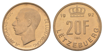 Люксембург 20 франков 1992 Великий герцог Жан (1964-2000), тираж 10.000 экземпляров KM 67 алюминиевая бронза BU 4178-725