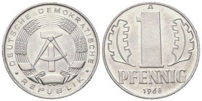 ГДР 1 пфенниг 1968 A KM 8.1 алюминий UNC 3955-1146