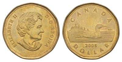 Канада 1 доллар 2005 Елизавета II (1952-2022), утка KM 495 никель плакированный позолоченной бронзой UNC 4637-1011